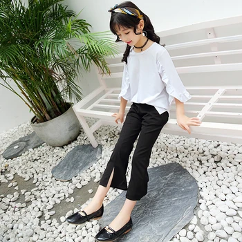 

Children Clothing Outfits Girls Spring 2pcs Sets Flare Sleeve T-shirt + Boot Cut Pants Sets For Teenage Solid Children's Clothes