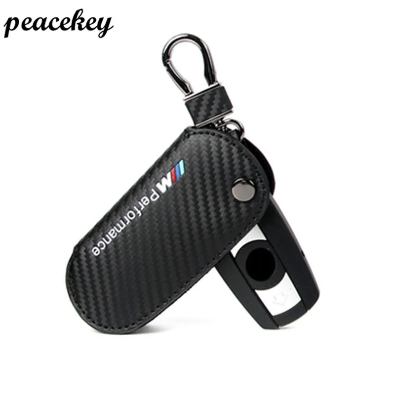 Peaceky Carbon Fiber Leather Car Key ring holder For Bmw Key Case For X1 X5 3 5 Series For BMW