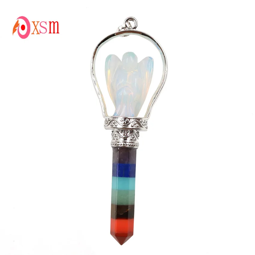 

xinshangmie 2018 New Styles Silver Plated Rainbow 7 Chakras Hexagon Prism Opal Stone Angel Scepter Pendant Charm Jewelry