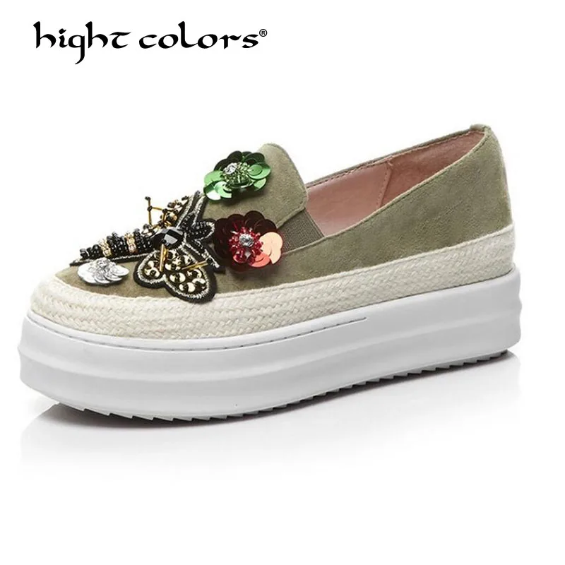 

hight colors Spring Woman Espadrilles Kid Suede Flat Platform Shoes Woman Slip On Women Flats Embroidered flowers Loafers HC-228