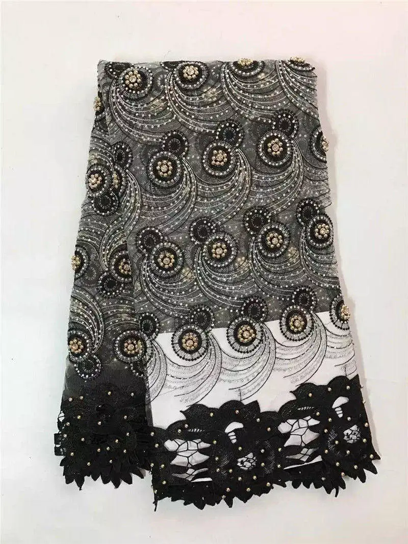 Incrível Francês da tela do laço com pedras e pérolas para o partido vestido de tule lindo tecido Africano net renda tecido preto branco PG472