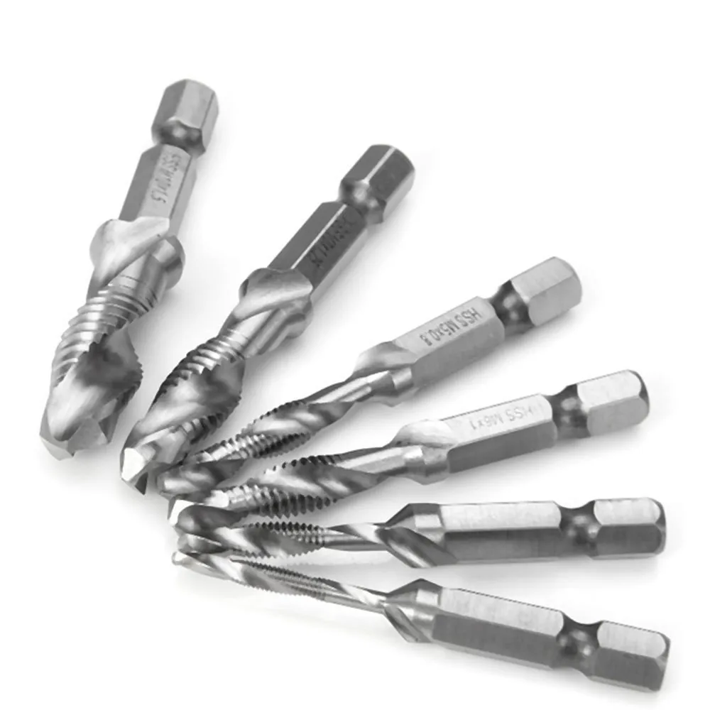 Metric 6pcs HSS Hex Shank Spiral Combination Drill Bits Tap Countersink