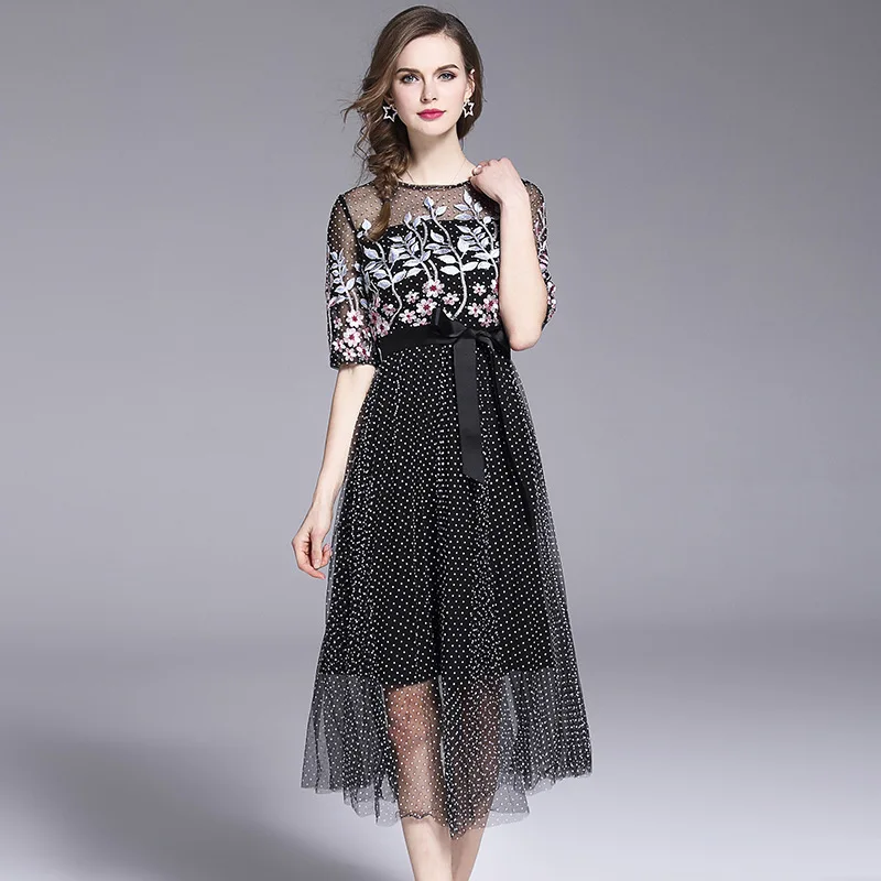 

MUXU Embroidery Gauze Dress Summer New polka dot black dressessexy transparent mesh fashion elegant sundress sukienka plus size