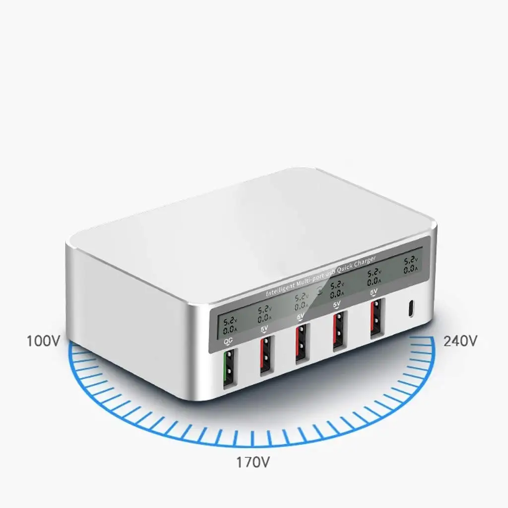 

6-in-1 Type C 5 USB universal multi QC 3.0 Fast Phone Charger with LCD Voltage Current Display for xiaomi samsung iPhone iPad