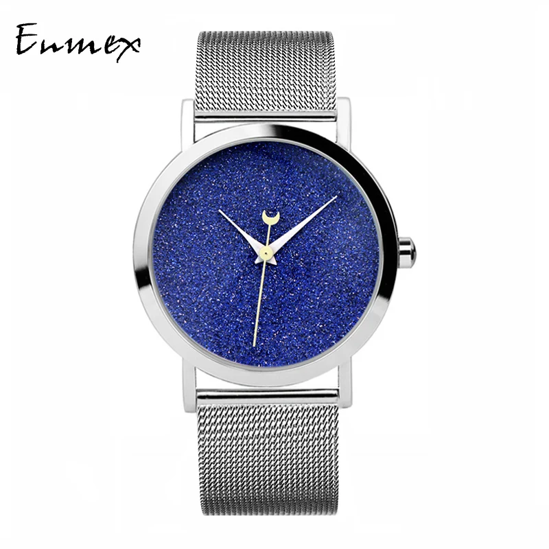 

2019 Ladies gift new style watch Enmex creative design blue moon&star simple face stainless steel band quartz fashion wristwatch
