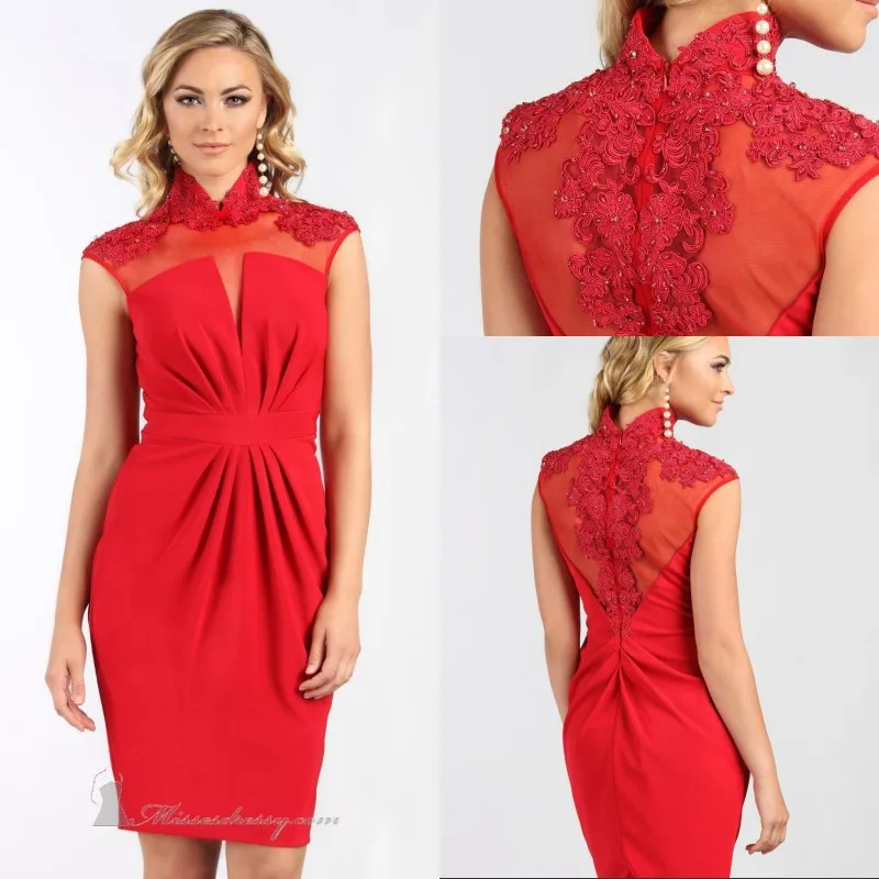 Buy Elegant High Neck Knee Length Lace Satin Red