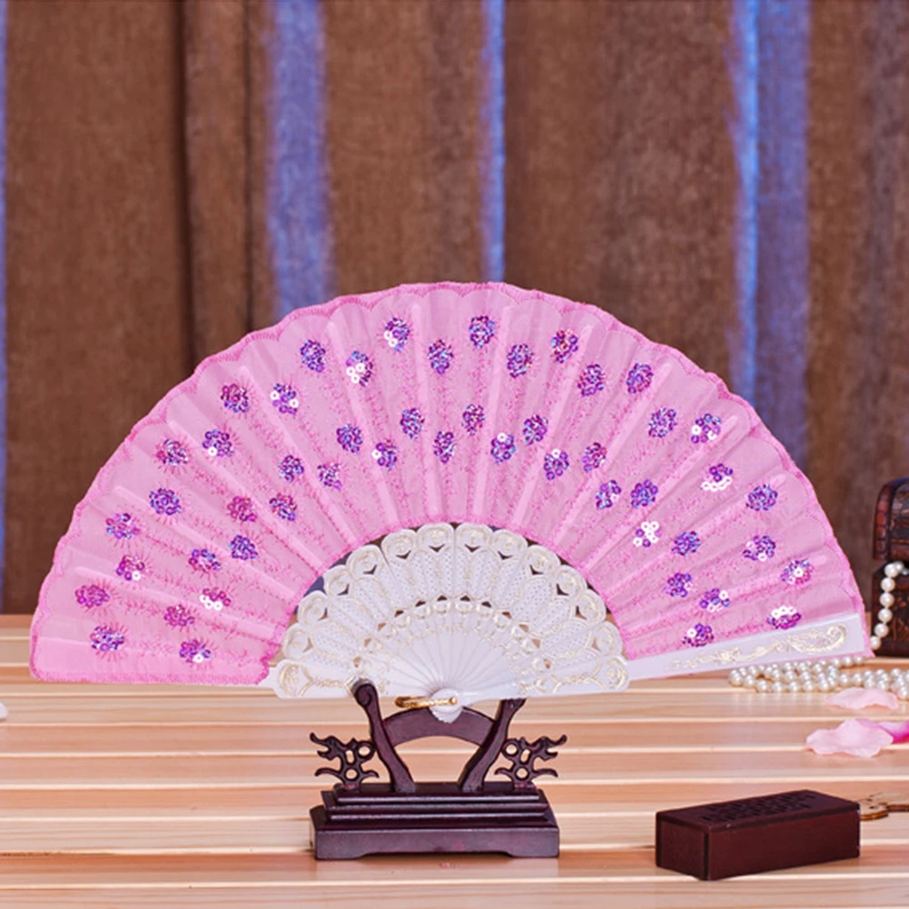 Павлин блестками квадратный женский Девушка танцующий вентилятор Элегантный Павлин печати ткань в китайском стиле складывающиеся ручные вентиляторы