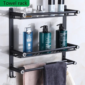 

3 Layers Bathroom Shelf Stainless Steel Nordic Square Black Bathroom Storage Rack with Crystal Bathroom Towel Rack Wall Hangings