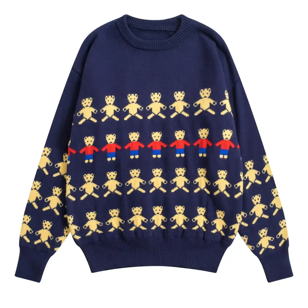 

Spring New Funny Vintage Ladies Pullover Sweater Autumn Bear Jacquard Dark Blue Preppy Style Women Knitwear Ptetty Jumper Top