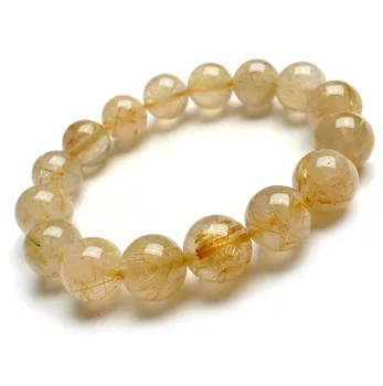 

14mm Yellow Gold Natural Rutilated Quartz Bracelets For Women Female Charms Crystal Stretch Round Bead Bracelet