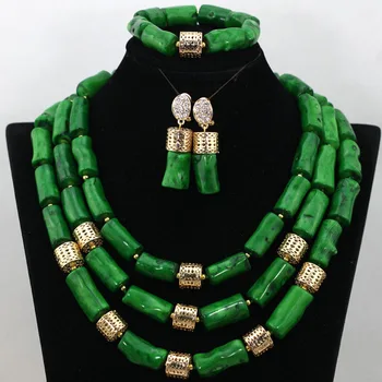 

Green Coral Beads African Nigerian Wedding Statement Necklace Set African Gold Dubai Bridal Jewelry Set Free Shipping CNR466