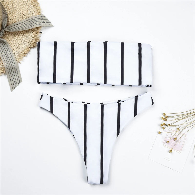 Swimwear Women Striped Bandeau Bikini High Leg Bikini Push Up Sexy Strapless Thong Bikiny Bathing Suit Modis bath clothes Biquni