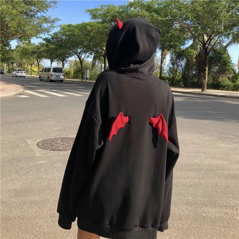 Autumn Warm Hoodie Sweatshirt Women Fashion Harajuku Devil Wing Patchwork Hoodies Sweatshirt Female