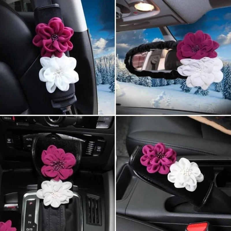 Roses-Flower-Car-Interior-Deco-Crystal-Plush-Car-Steering-Wheel-Cover-Seat-Belt-Gear-Shift-Set-Auto-Accessories-for-11