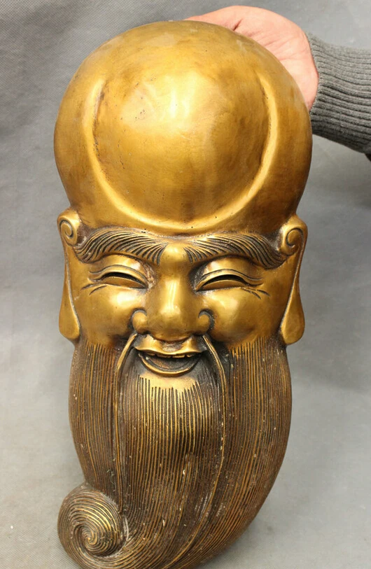 

S4792 17"Chinese Pure Bronze Protect Carved Shou Longevity God Head Statue Face Mask D0318