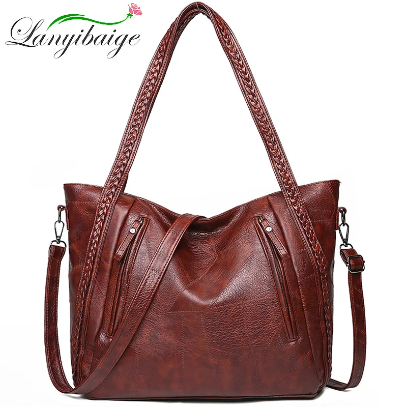 

Women handbag brand luxury PU leather 2019 big capacity ladies shoulder bags vintage weave bag Designer female Top-Handle Bags