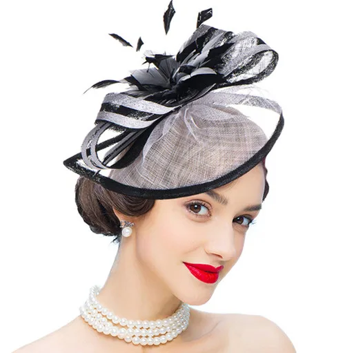 Новая коллекция вуалетки шляпы Sinamay перьевые сетчатые шляпы для женщин Кентукки Дерби Свадебные События Коктейльная повязка на голову 1 шт - Цвет: A268White with Black