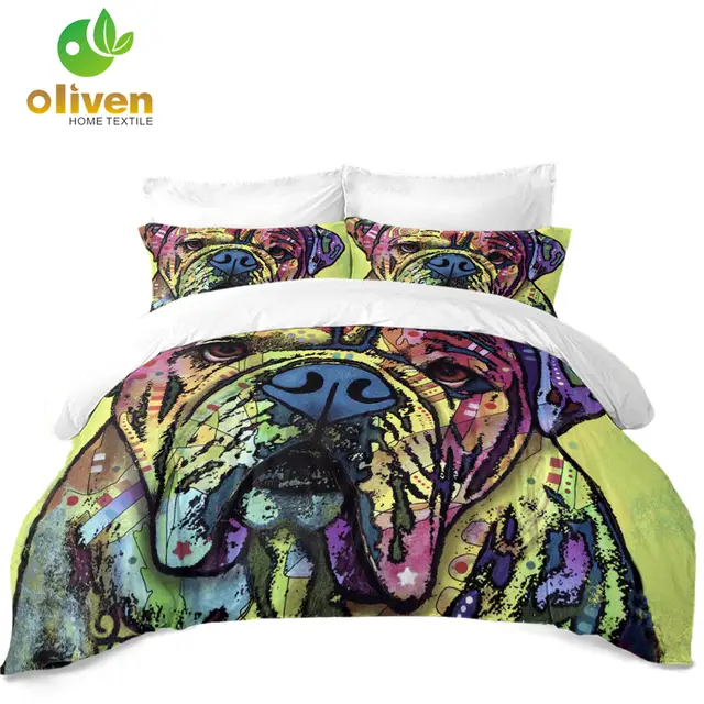 Multi Color Pet Bulldog Painted Bedding Set Colorful Graffiti