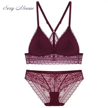 Сексуальный мусс без проволоки, тонкая чашка, красивая спина, глубокий v-образный вырез, комплект нижнего белья, сексуальные женские Треугольные чашечки, дышащие кружевные бюстгальтеры для женщин