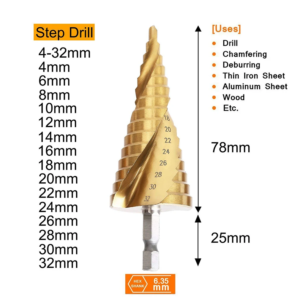 HSS Спиральная рифленая-ступенчатое сверло(от 4 до 12 лет/20/32 мм Древесины Сверло Набор карбида мини-дрель аксессуары Титан конус сверла по металлу