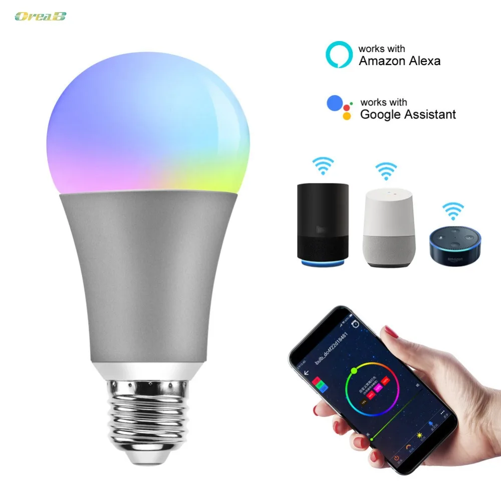 Приглушаемая светодиодная смарт лампа с изменением цвета Rgb Wifi e27 поддержка Alexa /
