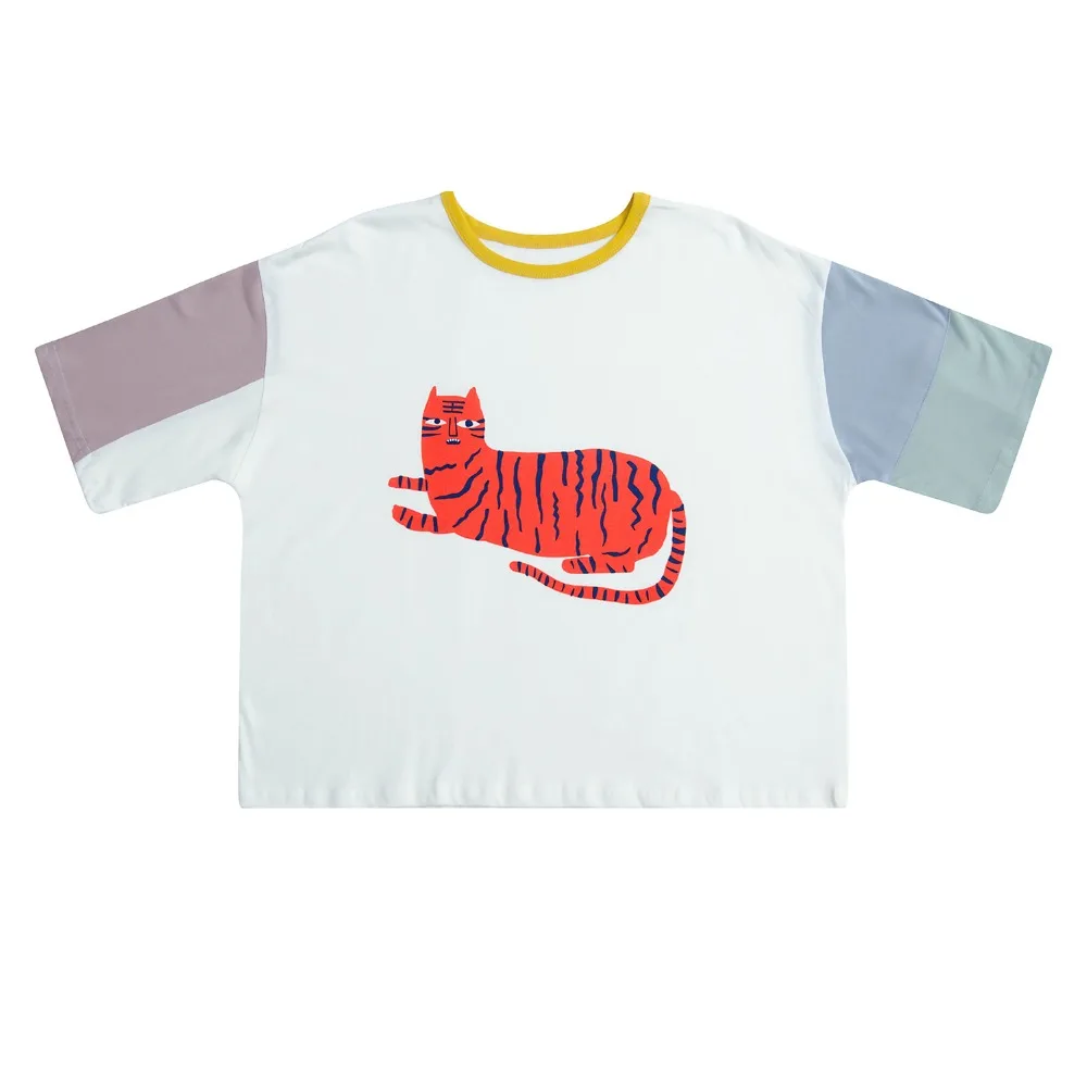 Женская летняя футболка в стиле Харадзюку, корейские футболки для девочек, повседневные футболки с цветными блоками, топы с милым рисунком кота, женские хлопковые футболки с короткими рукавами