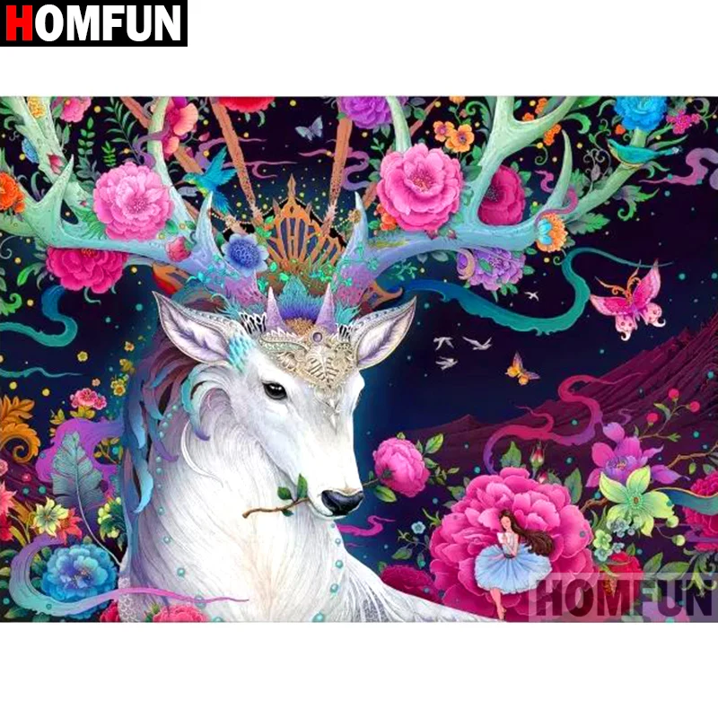 HOMFUN Tam Kare yuvarlak Matkap 5D DIY Elmas Boyama renkli Geyik 3D 