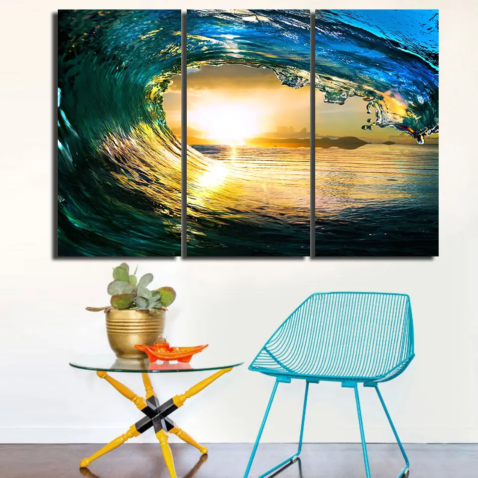 Напечатанный 3 шт Холст Искусство океан волна закат море Paintingcanvas живопись