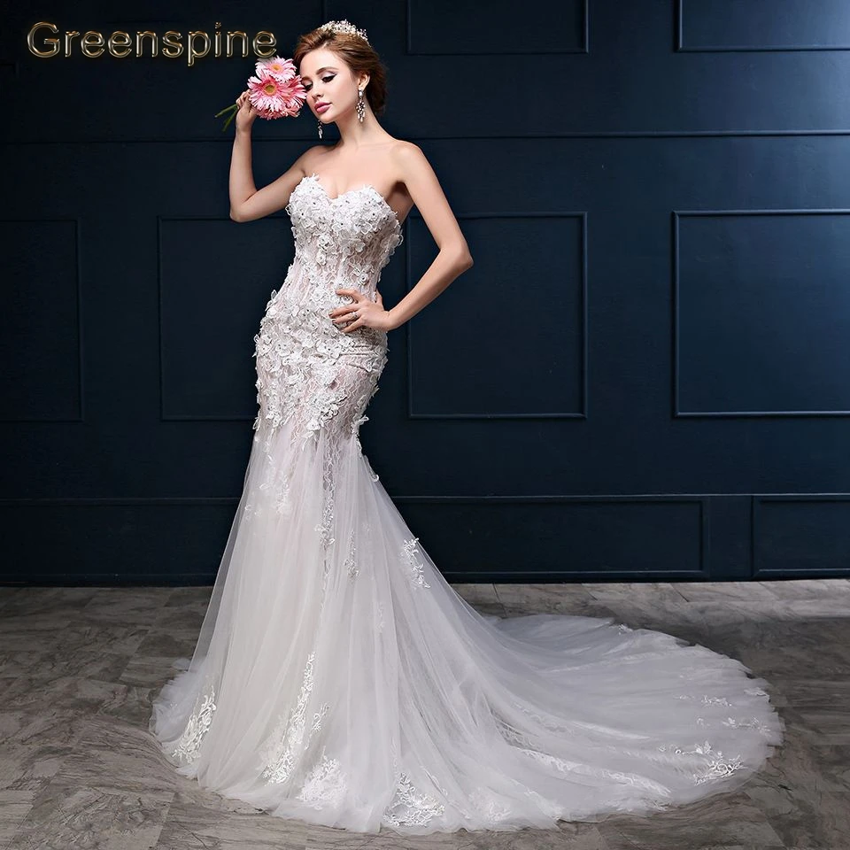 

Greenspine Romantic Sexy Lace Mermaid Wedding Dress Princess Top Quality Appliques Sweep Train Bridal Gown Custom-made