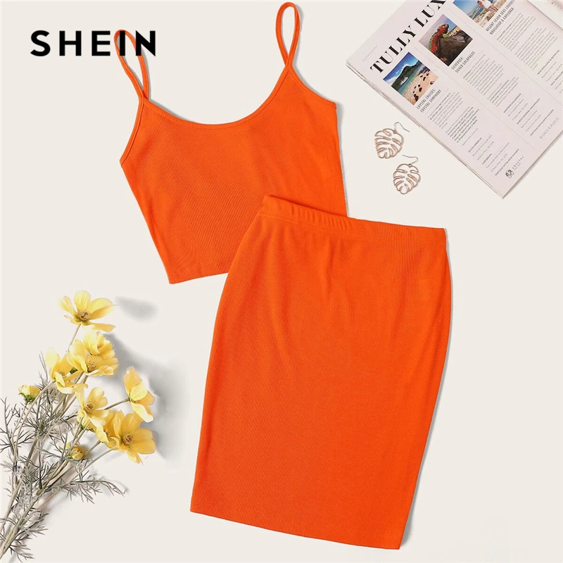 SHEIN النيون البرتقال ضلع متماسكة المحاصيل كامي أعلى و نحيل تنورة مجموعة مثير الصلبة أكمام 2 قطعة مجموعة السباغيتي حزام المرأة مجموعة