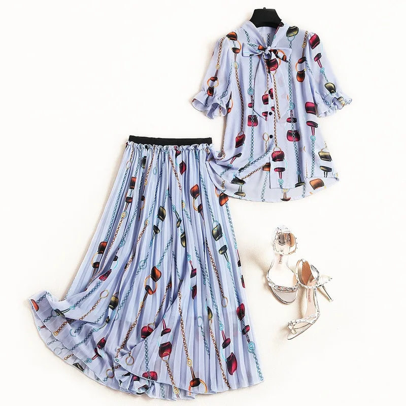 Shuchan Designer Women Suit 2019 High Quality Office Lady Print Blouse+pleated Skirts Elastic Waist Mid-calf Two Piece Set 11023 Shuchan Designer Women Suit 2019 High Quality Office Lady Print Blouse+pleated Skirts Elastic Waist Mid-calf Two Piece Set 11023