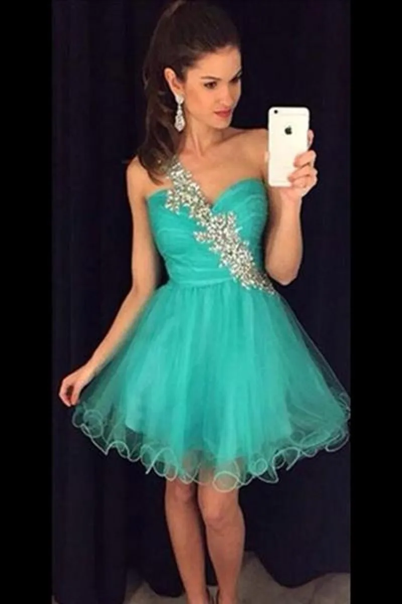 Sparkly Beaded Short One Shoulder Jade Tulle Sweetheart Juniors Prom