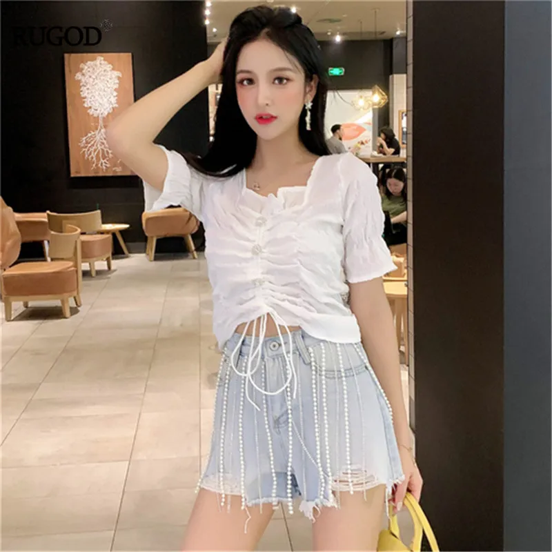

RUGOD 2019 korea summer women super fairy white solid Drawstring extra short t-shirts button stylish modis mujer tops cotton top