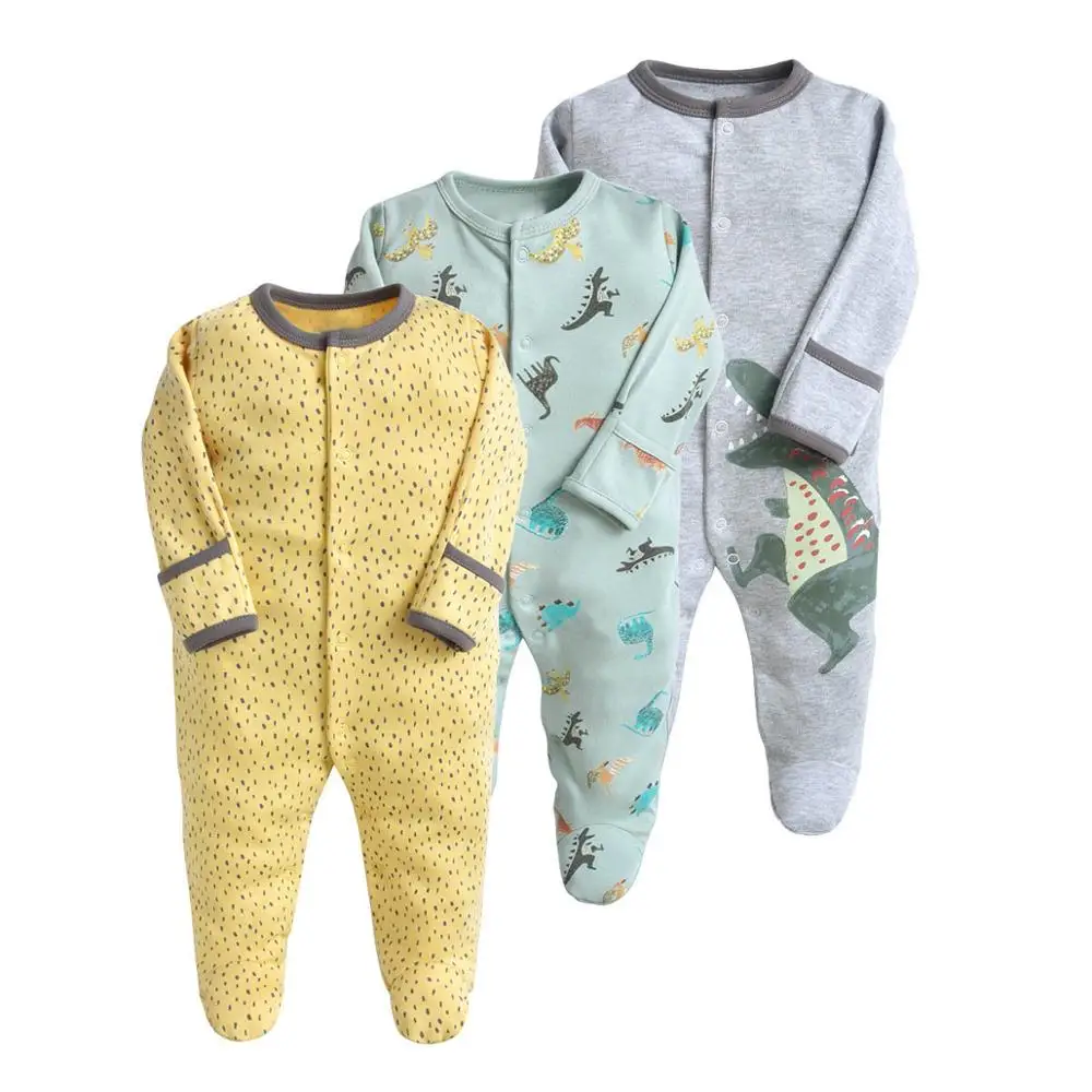 

3 Pack Baby Footies Pajamas with Mitten Cuffs Buttons-Up Long-Sleeves 100% Cotton Baby Clothes Footed Sleeper 3-12 Months