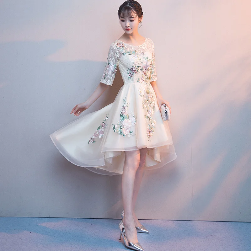 Robe de soiree кружевное вечернее платье цвета шампанского с аппликацией короткое