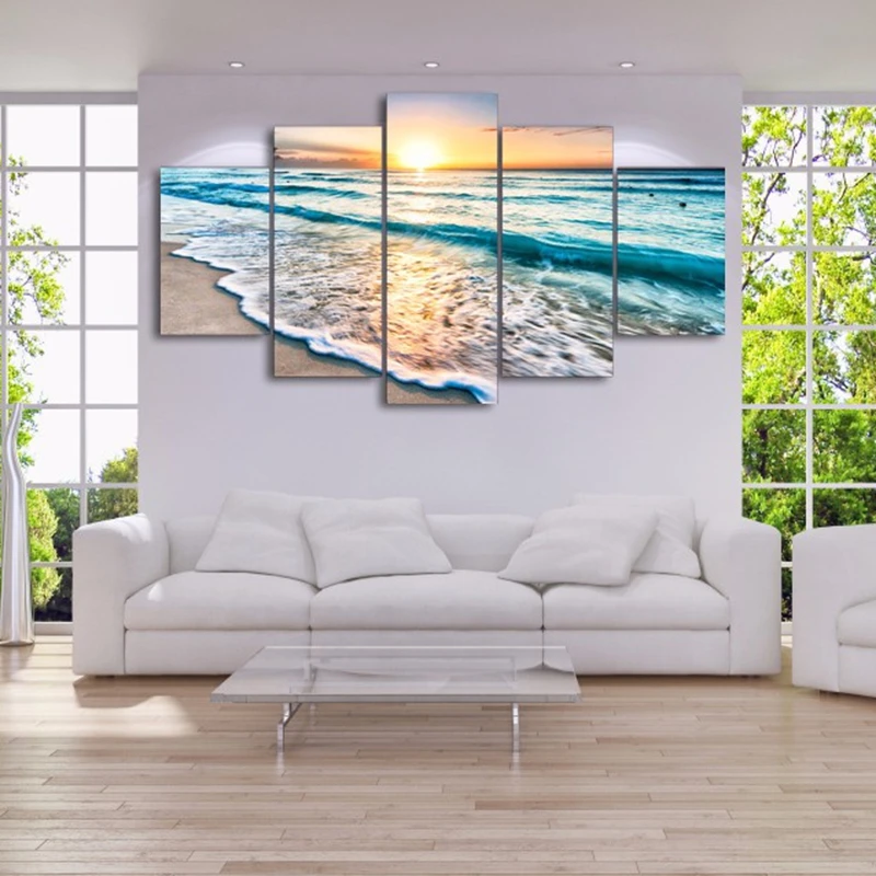 Canvas Painting Wall Art Frame Home Decor Pictures 5 Pieces Seascape Sunset Beach Sea Wave Poster Living Room HD Printed 