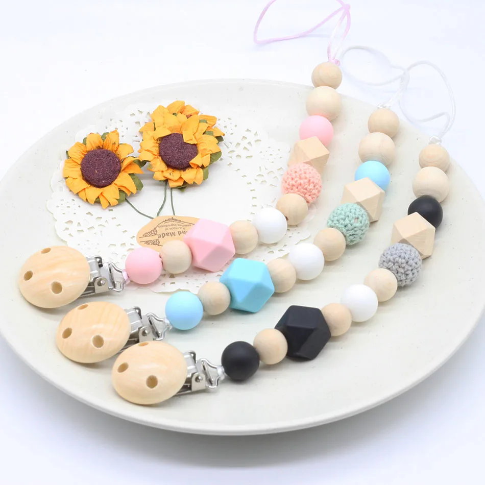 Silicone and Wood Pacifier Clip Wooden Bead Dummy Clip Holder Cute