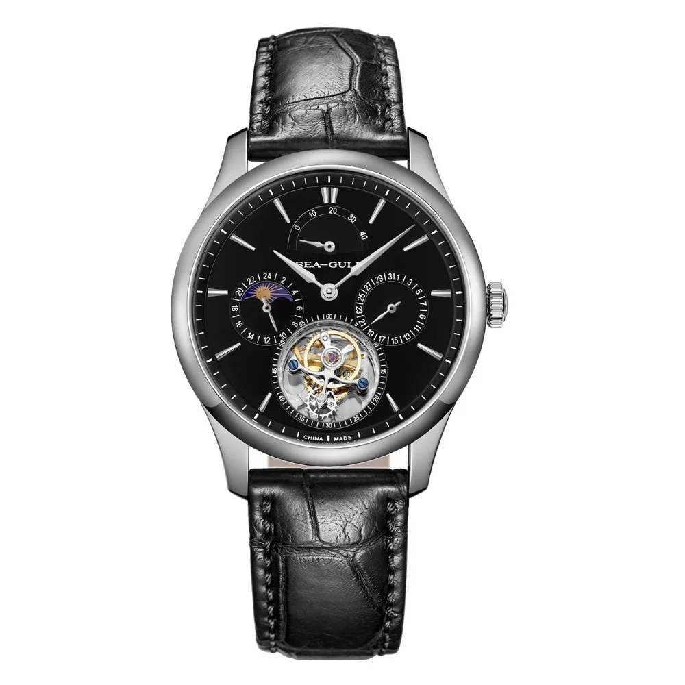 Механические часы Seagull Tourbillon, запас мощности, индикатор дня и ночи, ручные мужские часы 818,937 с сертификационной бумагой - Цвет: Черный