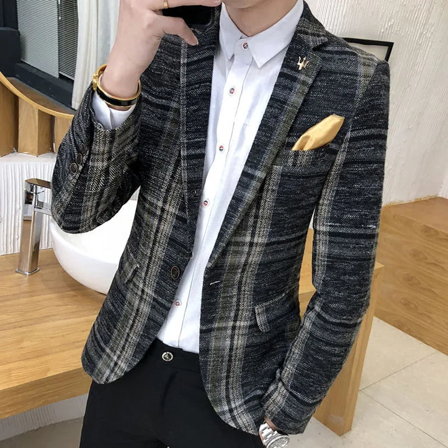 Men Designer Blazer Slim Fit Korean Male Plaid Blazer Masculino Tweed Button Casual mens Blazer Jacket Suit Takim Elbise Erkek