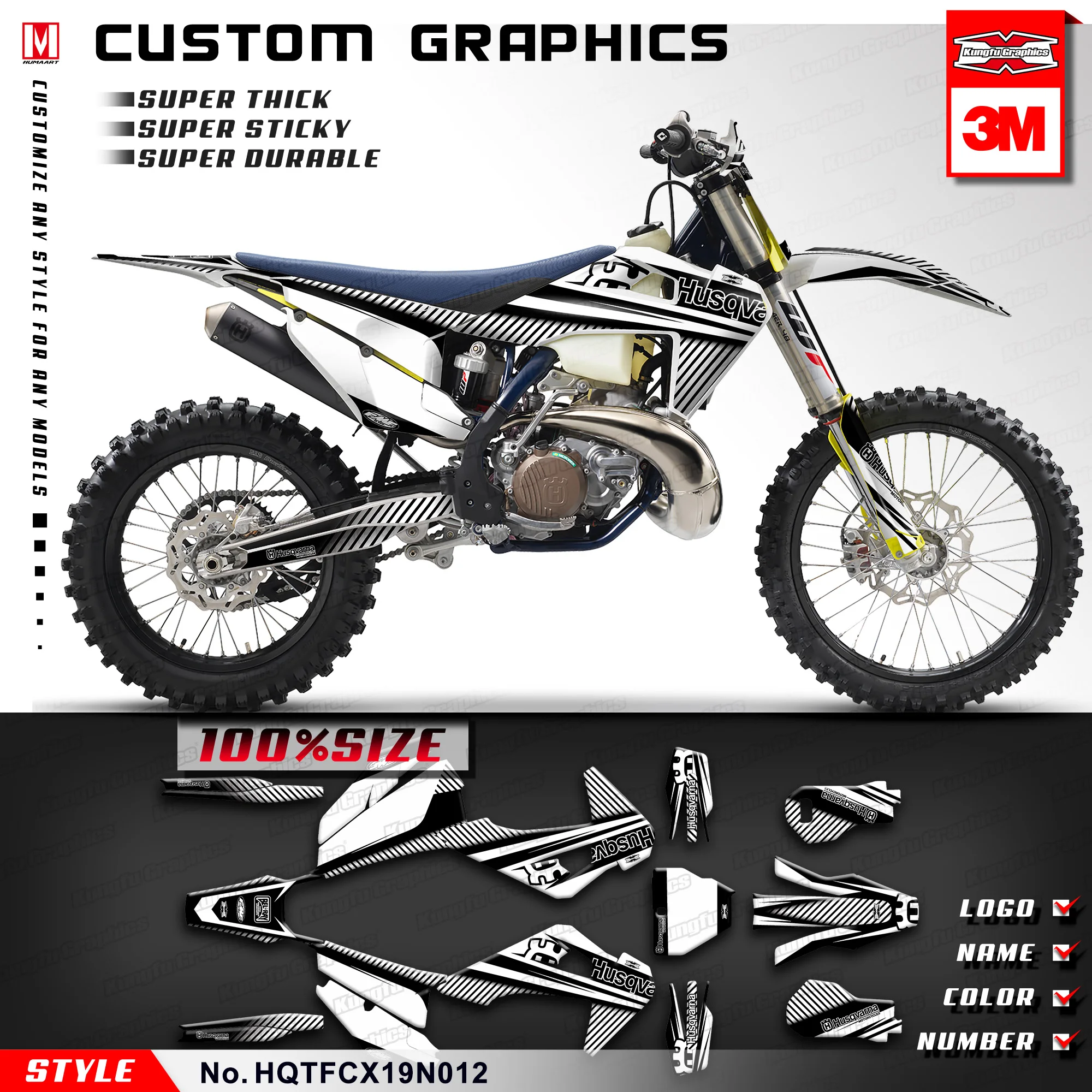 

KUNGFU GRAPHICS Racing Sticker Decal Kit Black White for Husqvarna TC FC TX FX 125 250 300 350 450 2019 (Style no. HQTFCX19N012)