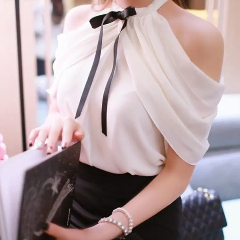 

Fashion White Shirt Women Sexy Off Shoulder Top Slash Neck Slim Wrap See Through Chiffon Cute Blouse 2018
