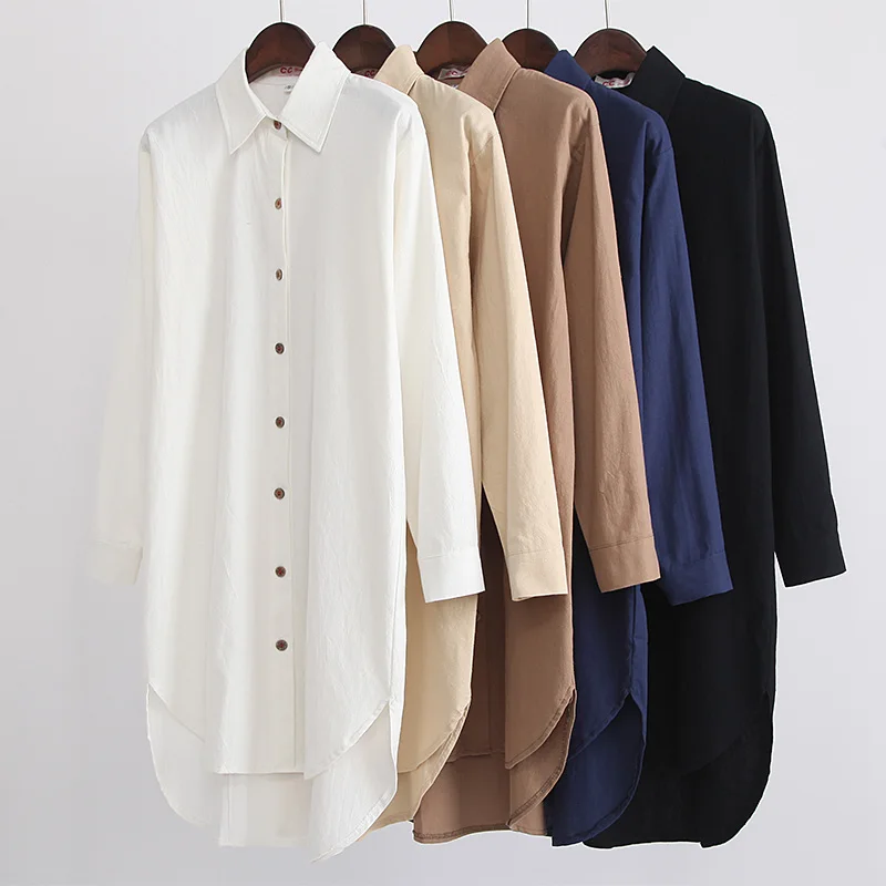 

New Pure Long Sleeve Blouse In Spring Dress Large Size Loose White Medium-length Blouse Skirt Female Coat