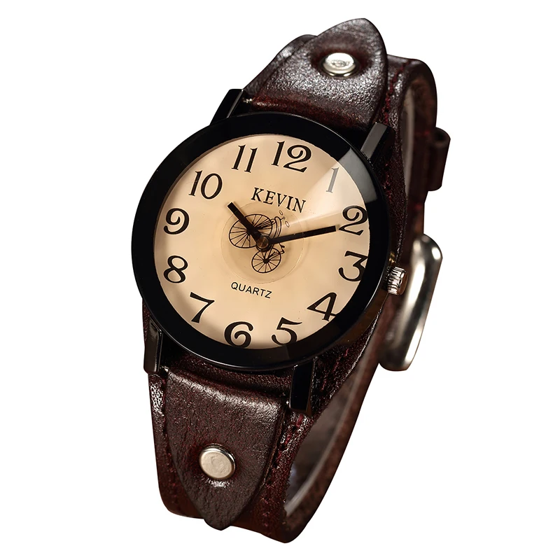 

Retro Women Mens Watch Genuine Leather Band Number Bicycle Dial Designer Quartz-watch Brown Males Watch Gifts relogio masculino