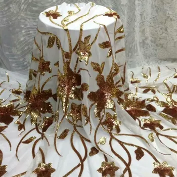 

Latest Elegant Flower Pattern Gold Color French Tulle Lace Fabric African with Shiny African Sequin Mesh Net Lace Fabric