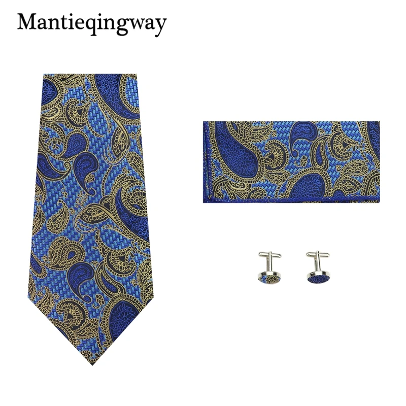 Mantieqingway высокое качество жаккардовая мужские галстуки карман Полотенца запонки набор печати полиэстер костюм gravats corbatas платок