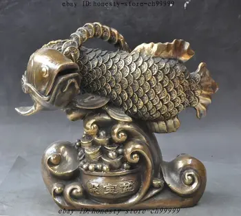 

10" Lucky Chinese Bronze fengshui Wealth yuanbao money coin Rich Fish Sculpture