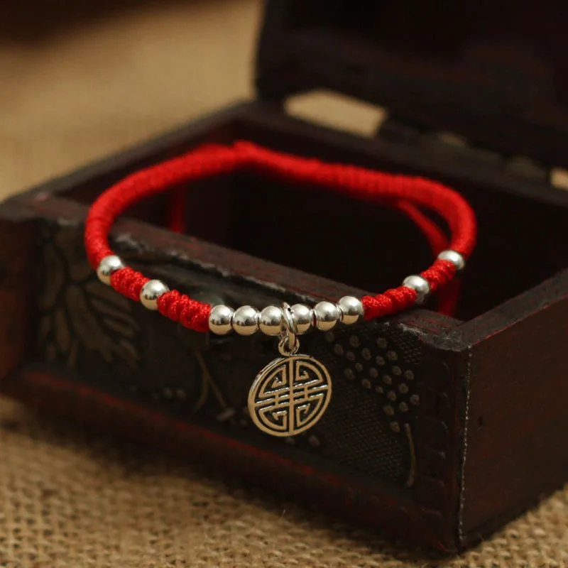 

S925 Sterling Silver Pendant Lucky Red Rope Handmade Bangle Jewelry