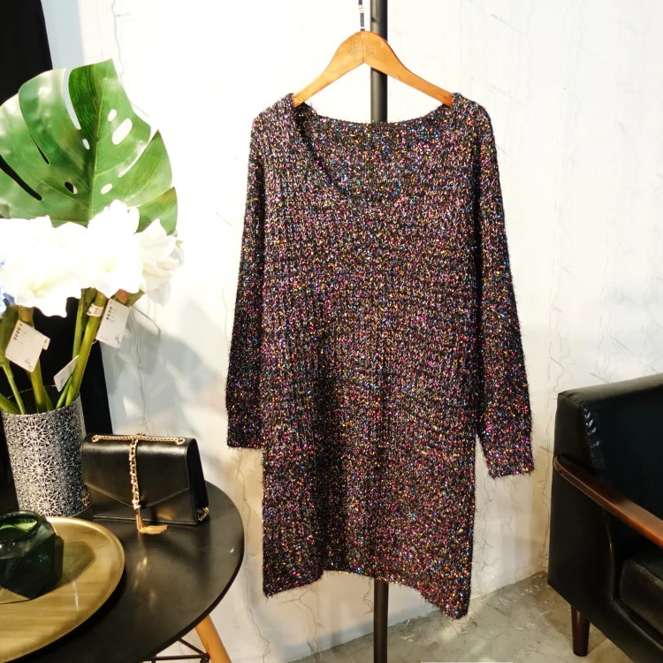 

Cakucool Women Spring Gold Lurex Colorful Thread Sweater Long Sleeve v-neck Long Jumpers Casual Sexy Knit Pullover Sweaters Lady