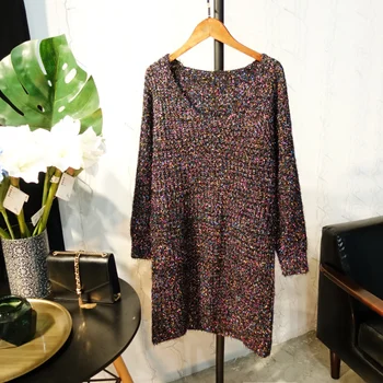 

Cakucool Women Spring Gold Lurex Colorful Thread Sweater Long Sleeve v-neck Long Jumpers Casual Sexy Knit Pullover Sweaters Lady