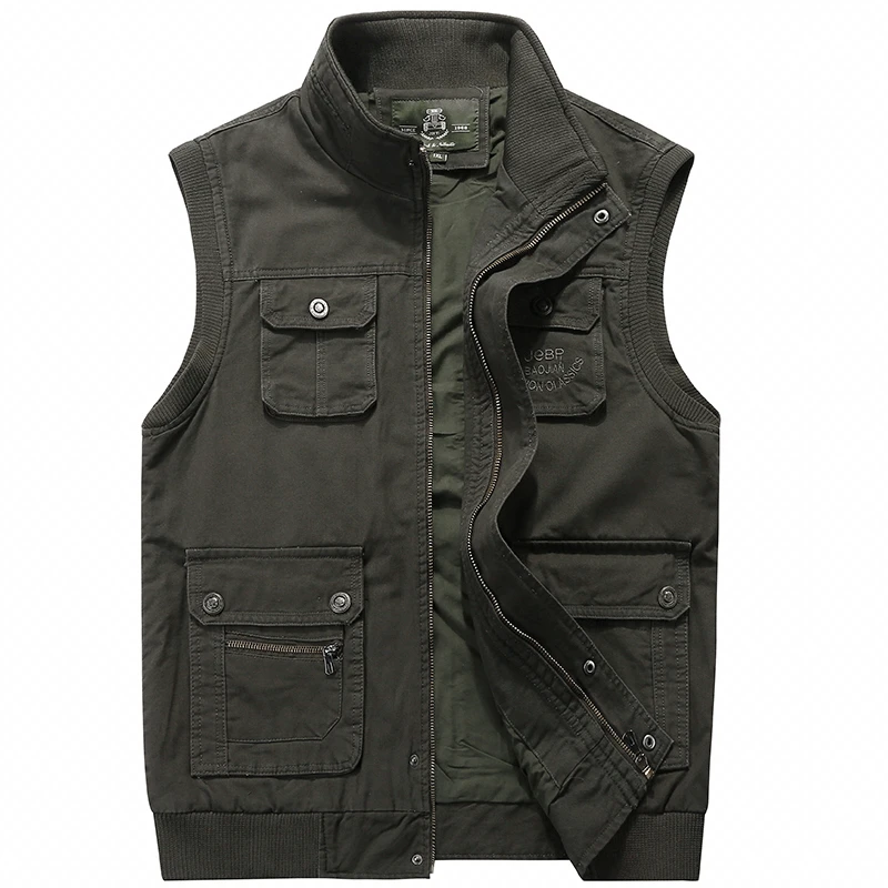 Vest Jacket Sleeveless Men Vest Male Many Pocket Waistcoat Photographer Autumn Unloading Tactical Stand Collar Multi Pocket Vest - Color: Army green